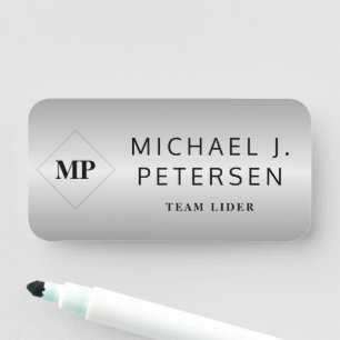 Monogram elegant silver metallic employee name tag
