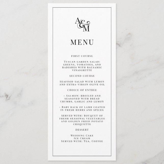 Monogram Elegant Simple Black White Wedding Menu (Front)