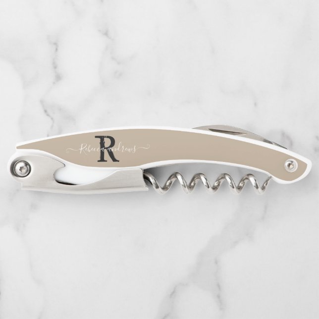 Monogram Elegant Taupe Script Initial Name Custom  Corkscrew (Front)