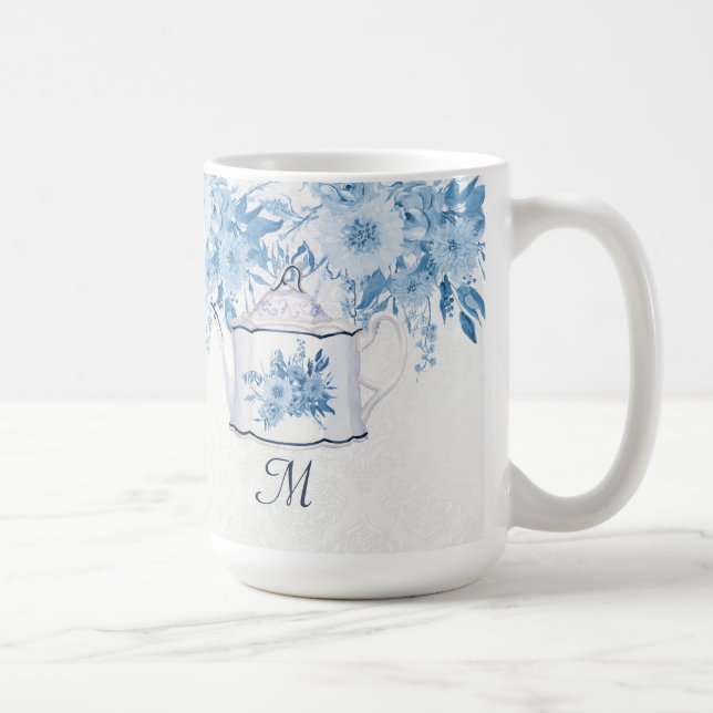 Monogram Elegant Teapot Dusty Blue n White Floral Coffee Mug (Right)