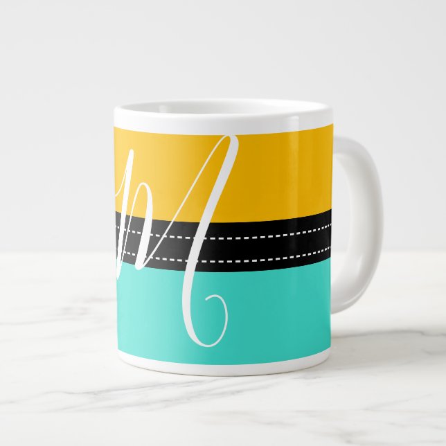 Monogram Elegant Turquoise & Amber Solid Colour Large Coffee Mug (Front Right)