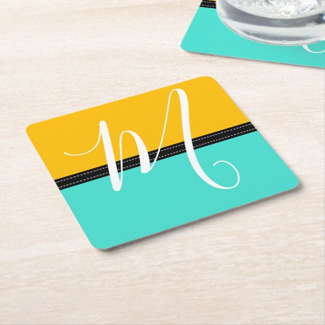 Monogram Elegant Turquoise & Amber Solid Colour Square Paper Coaster (Angled)