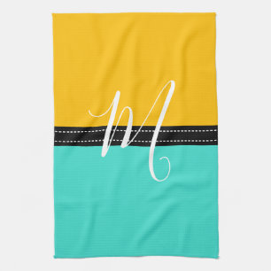 Monogram Elegant Turquoise & Amber Solid Colour Tea Towel