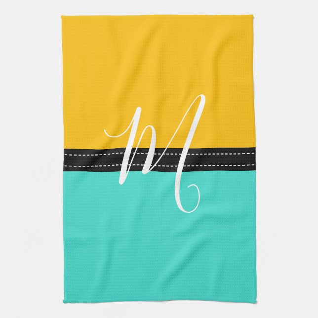 Monogram Elegant Turquoise & Amber Solid Colour Tea Towel (Vertical)