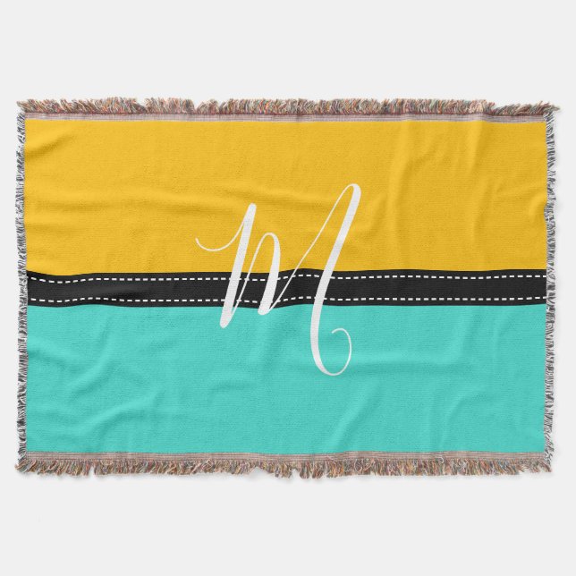 Monogram Elegant Turquoise & Amber Solid Colour Throw Blanket (Front)