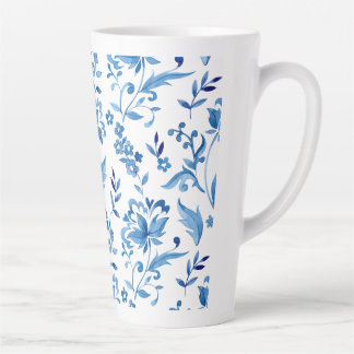Monogram Elegant Vintage Blue Floral Pattern Latte Mug