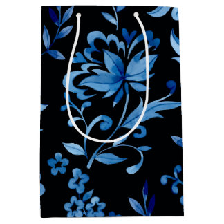 Monogram Elegant Vintage Blue Floral Pattern Medium Gift Bag