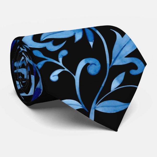 Monogram Elegant Vintage Blue Floral Pattern Tie (Rolled)