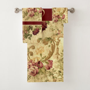 Monogram Elegant Vintage Floral Burgundy Rose   Bath Towel Set