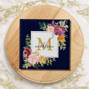 Monogram Elegant Watercolor Rose Floral Botanical 15 Cm Square Badge