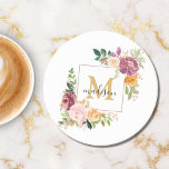 Monogram Elegant Watercolor Rose Floral Botanical Coaster<br><div class="desc">Add a chic touch to your table with this elegant floral coaster! Featuring a colourful watercolor rose design,  botanical gold accents,  and a personalised monogram,  it’s great for flower lovers or as a thoughtful wedding guest gift.</div>