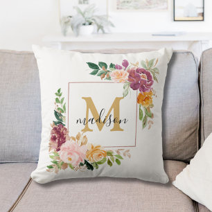 Monogram Elegant Watercolor Rose Floral Botanical Cushion