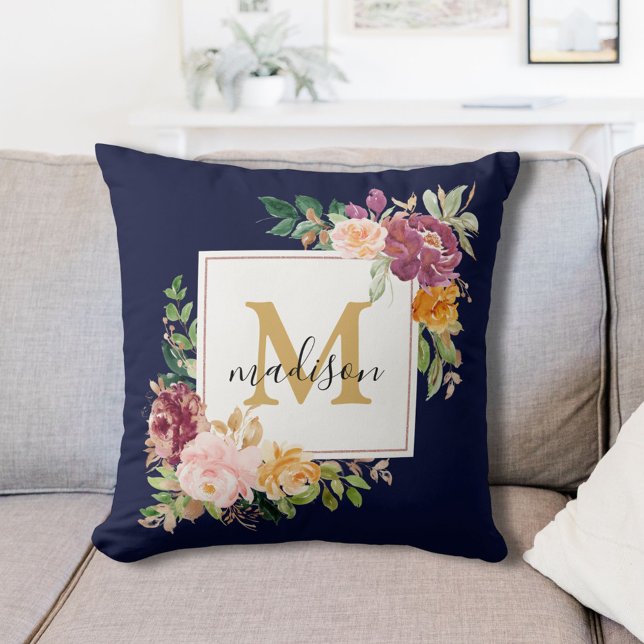 Monogram Elegant Watercolor Rose Floral Botanical Cushion (In situ)