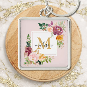 Monogram Elegant Watercolor Rose Floral Botanical Key Ring
