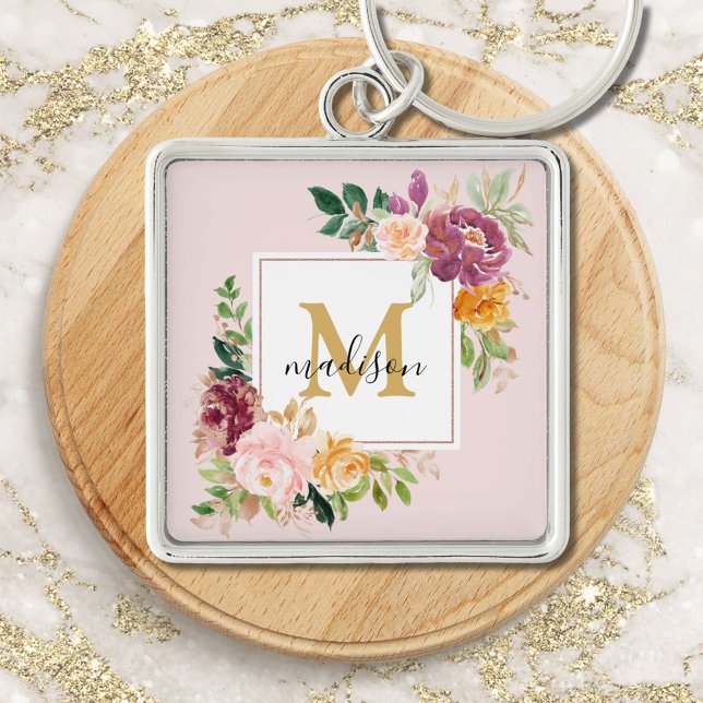 Monogram Elegant Watercolor Rose Floral Botanical Key Ring (In situ)