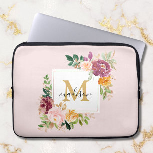 Monogram Elegant Watercolor Rose Floral Botanical Laptop Sleeve