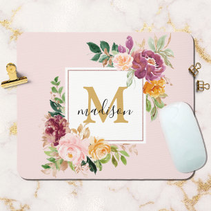 Monogram Elegant Watercolor Rose Floral Botanical Mouse Pad