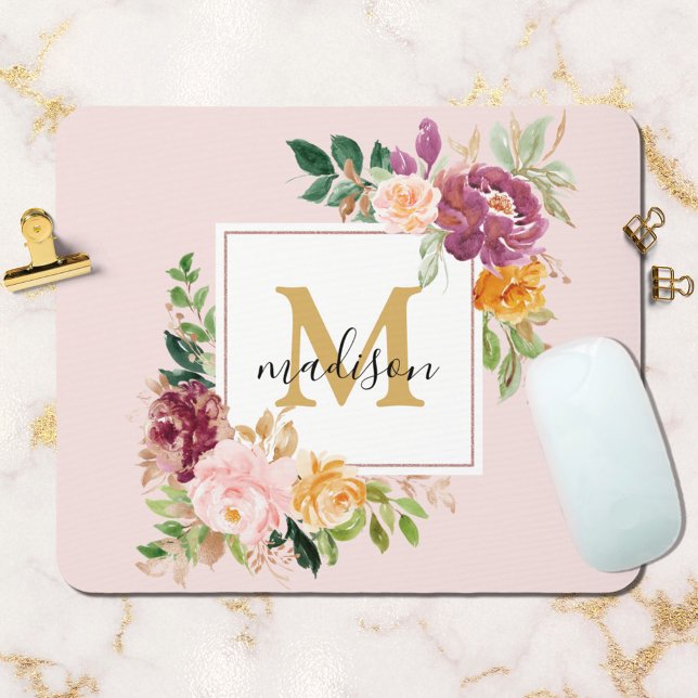 Monogram Elegant Watercolor Rose Floral Botanical Mouse Pad (In situ)