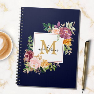 Monogram Elegant Watercolor Rose Floral Botanical Notebook
