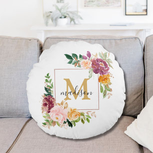 Monogram Elegant Watercolor Rose Floral Botanical Round Cushion