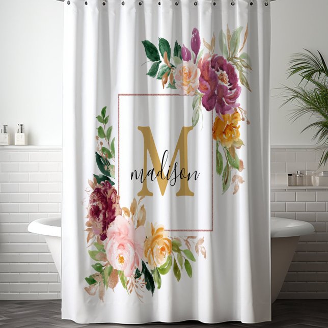 Monogram Elegant Watercolor Rose Floral Botanical Shower Curtain (In situ)