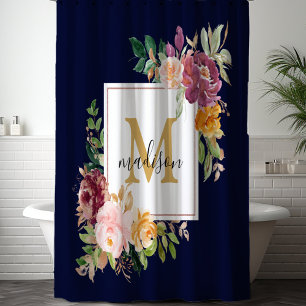 Monogram Elegant Watercolor Rose Floral Botanical Shower Curtain