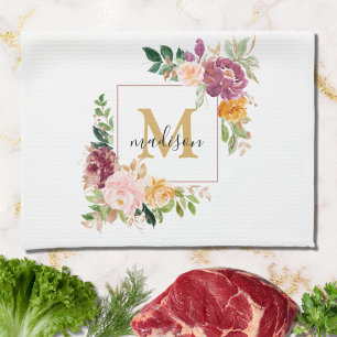 Monogram Elegant Watercolor Rose Floral Botanical Tea Towel