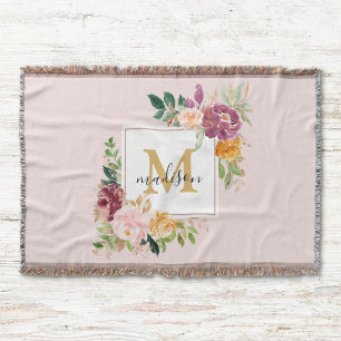 Monogram Elegant Watercolor Rose Floral Botanical Throw Blanket