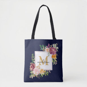 Monogram Elegant Watercolor Rose Floral Botanical Tote Bag