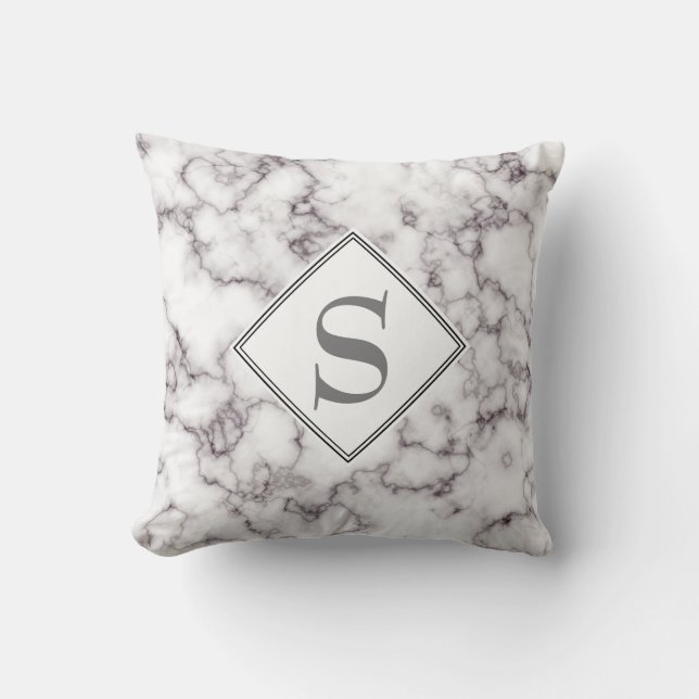 Monogram Elegant White Marble and Grey Cushion (Front)