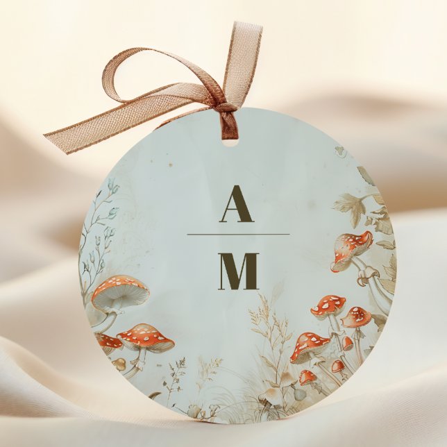 Monogram Elegant Woodland Mushroom Fern Wedding Classic Round Sticker (Creator Uploaded)