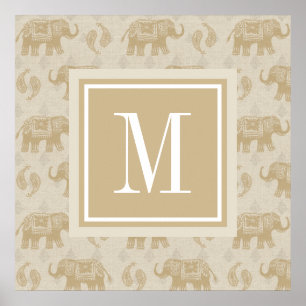 Monogram   Elephant Khaki Caravan Pattern Poster
