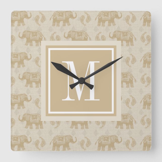 Monogram | Elephant Khaki Caravan Pattern Square Wall Clock (Front)