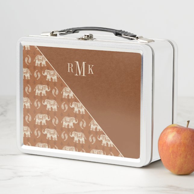 Monogram | Elephant Orange Caravan Pattern Metal Lunch Box (In Situ)