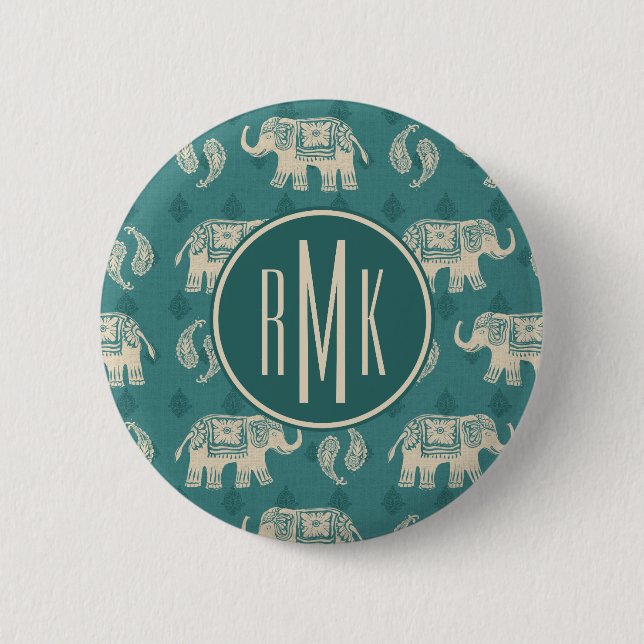 Monogram | Elephant Teal Caravan Pattern 6 Cm Round Badge (Front)