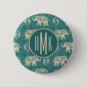 Monogram   Elephant Teal Caravan Pattern 6 Cm Round Badge