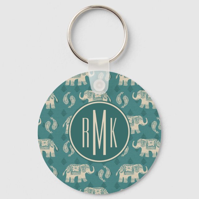 Monogram | Elephant Teal Caravan Pattern Key Ring (Front)