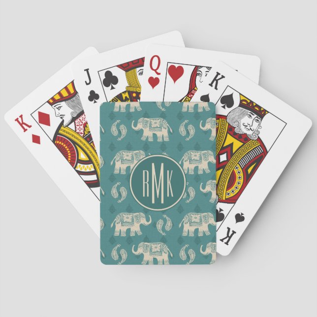 Monogram | Elephant Teal Caravan Pattern Playing Cards (Back)