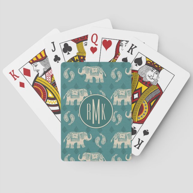 Monogram | Elephant Teal Caravan Pattern Playing Cards (Back)
