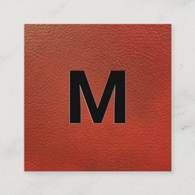 Monogram | Emboss Lettering Red Leather Square Business Card (Front)