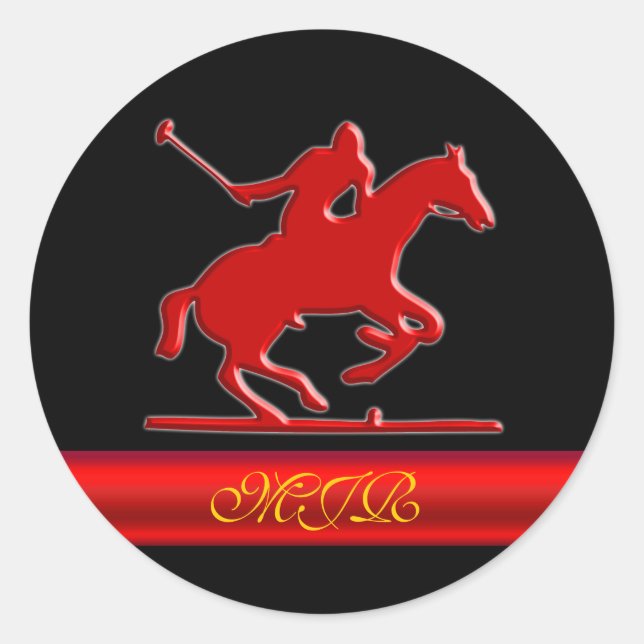 Monogram Embossed Polo Rider, red metal-effect Classic Round Sticker (Front)