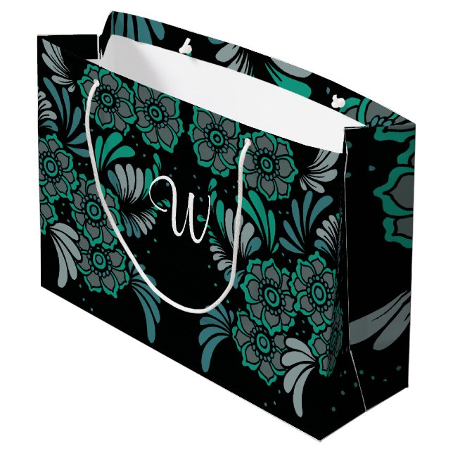 Monogram Emerald Green and Black Flower Pattern Large Gift Bag (Back Angled)