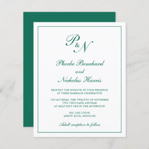 Monogram Emerald Green Budget Wedding Invitation