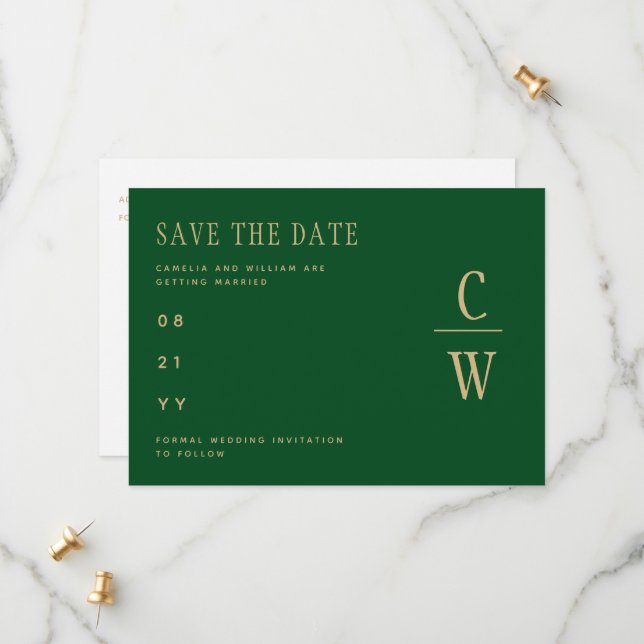 Monogram Emerald Green Gold Save The Date (Front/Back In Situ)