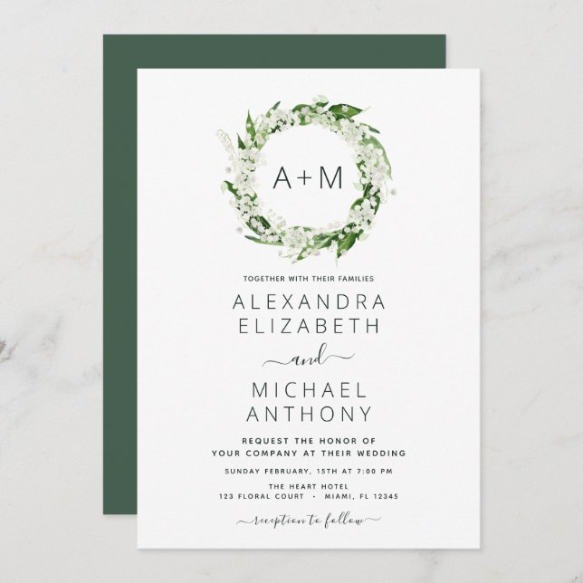Monogram Emerald Green Greenery Wedding Invitation (Front/Back)