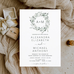 Monogram Emerald Green Greenery Wedding Invitation