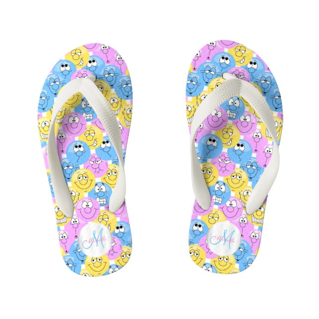 Monogram - Emoji Design Funny Pastel Faces Kid's Thongs (Footbed)