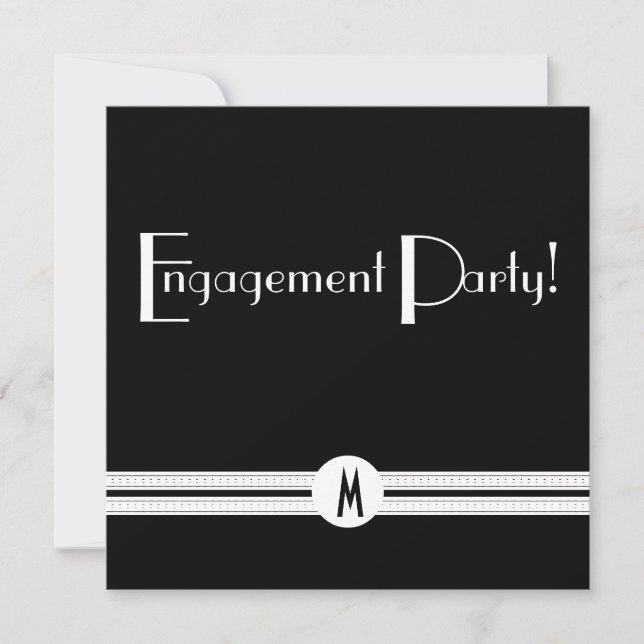 Monogram Engagement in Black and White Art Deco Invitation (Front)