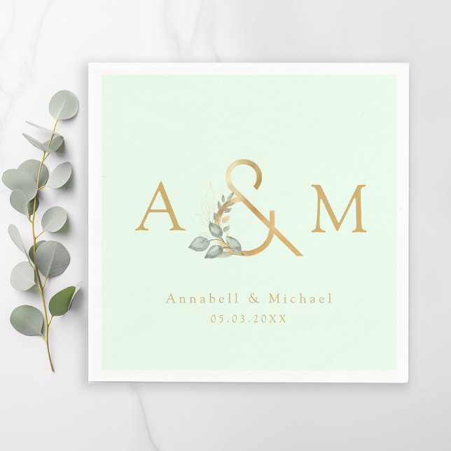 Monogram, Eucalyptus Ampersand, Green & Gold  Napkin (Monogram, Eucalyptus Ampersand, Green & Gold Napk Napkins)