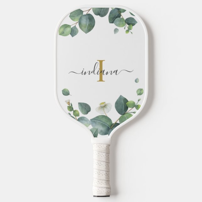 Monogram Eucalyptus Botanical Initial Name Pickleball Paddle (Front)